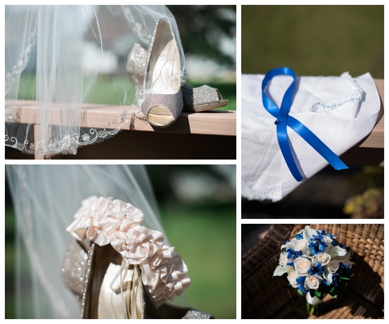Bridal shoes, grandmother's handkerchiefs, wedding bouquet, and garter.